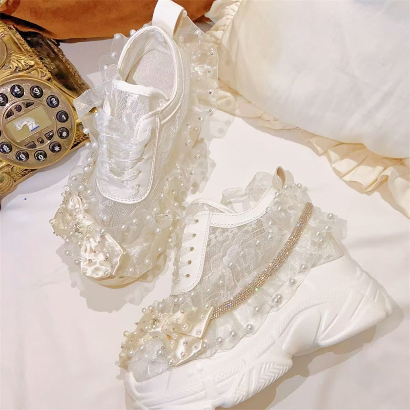 Women'S Shoes Hands Free - Thick bottom lace ribbon rhinestone Pearl