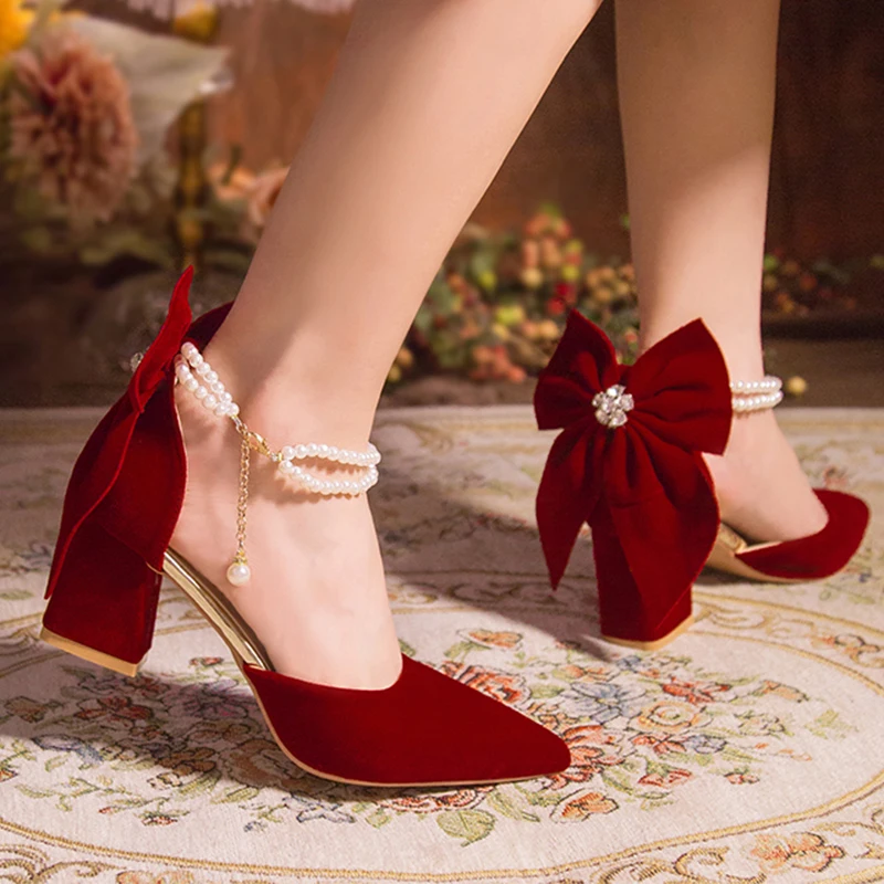 Women'S Shoes Burgundy - Luxury Pearl Chain Burgundy Red Suede